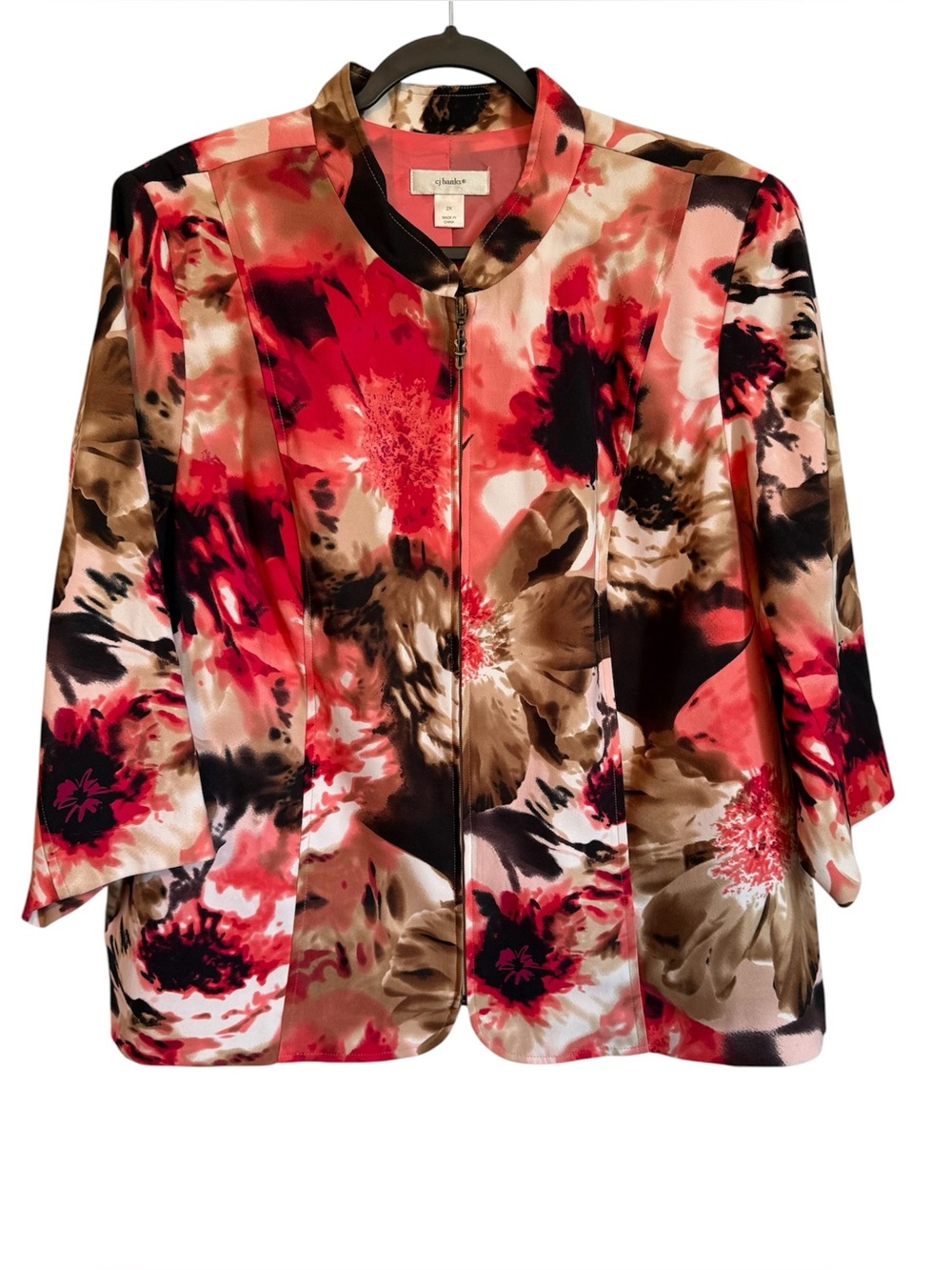 Cj Banks  Floral Zip-Front Jacket - Red Multi